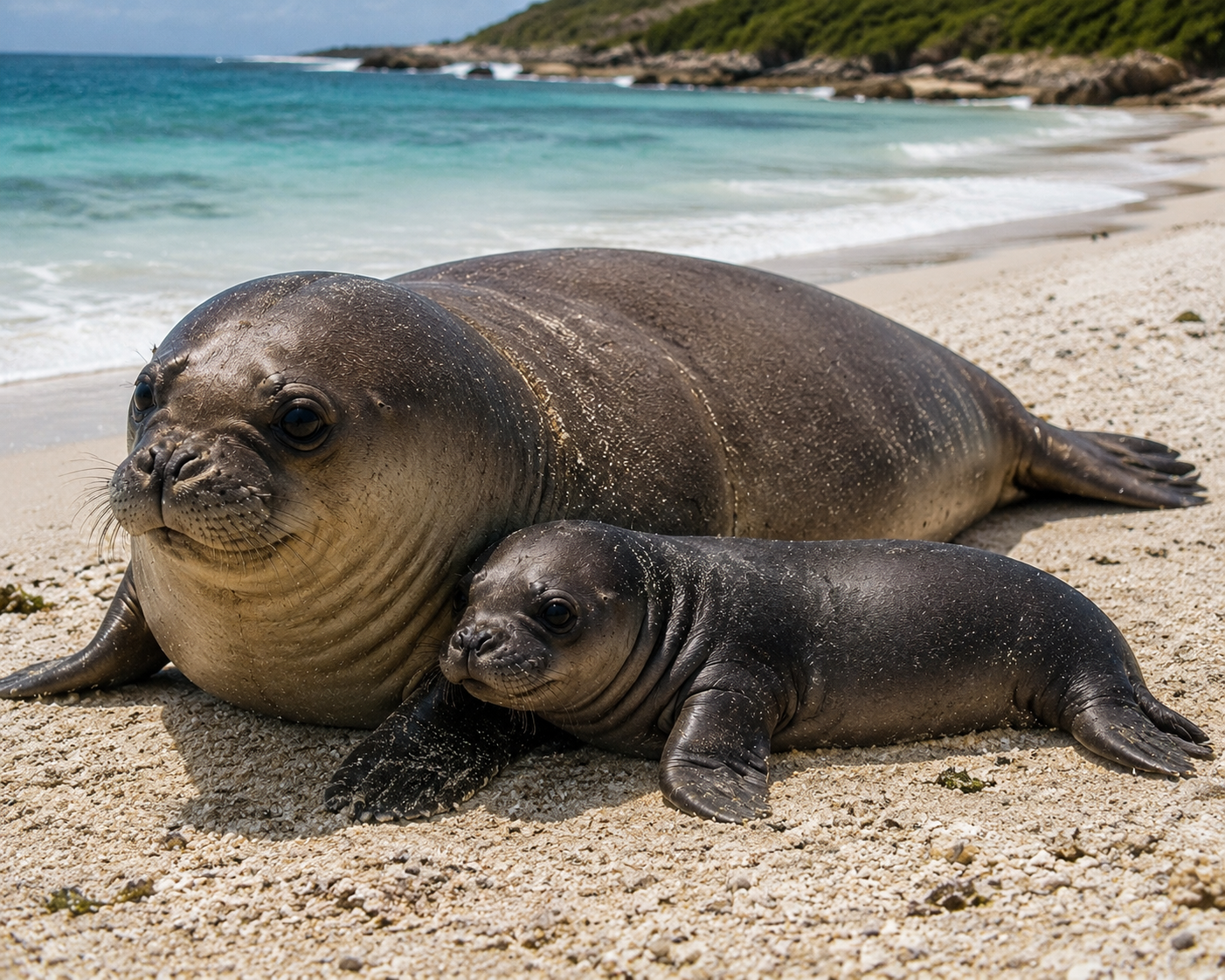 Reconstrucción de una hembra con su cría en la playa