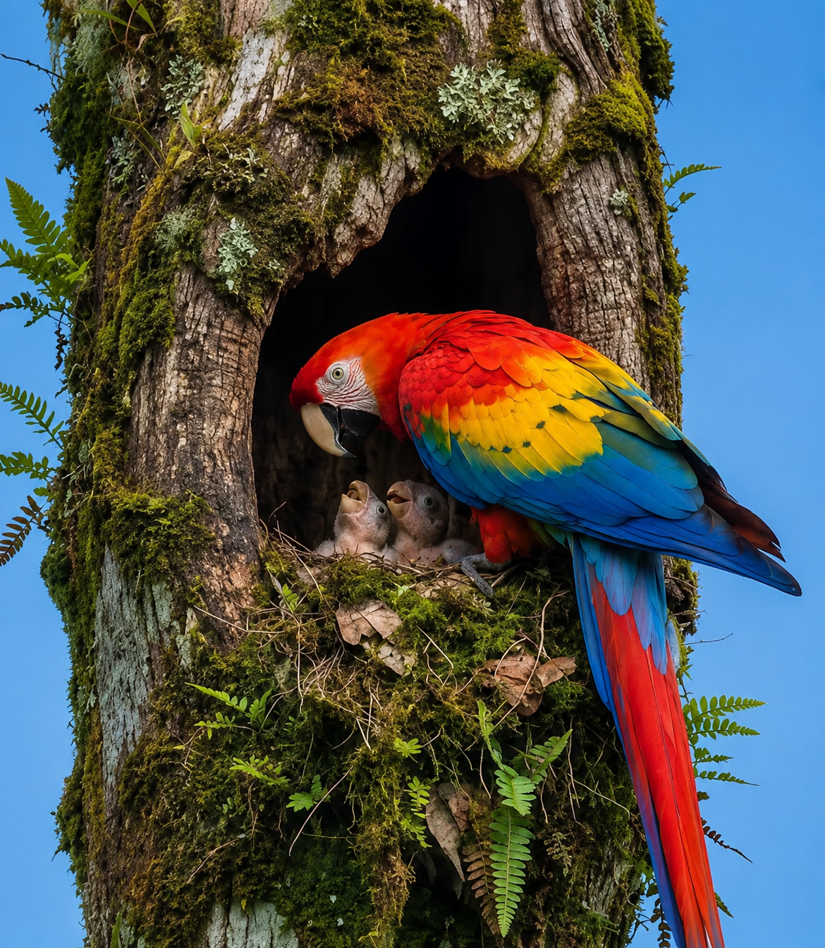 Polluelos de guacamayo rojo en el nido