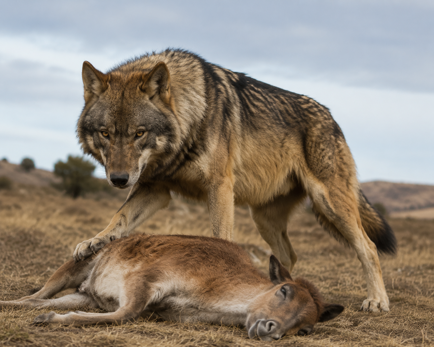 Reconstrucción de un lobo gigante alimentándose de una presa